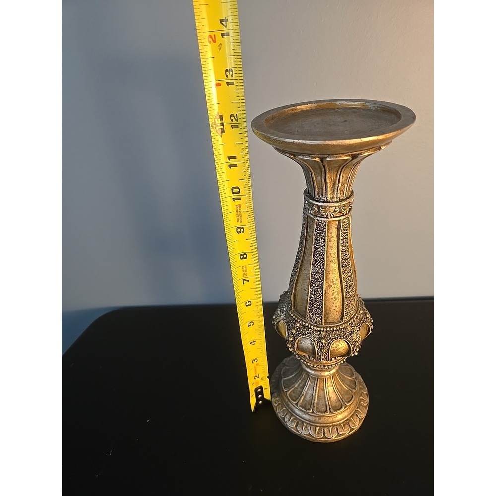 Silver Bronze Tone Embossed Beaded Pedestal Candle Holders 12" Tall Resin - Picture 8 of 11